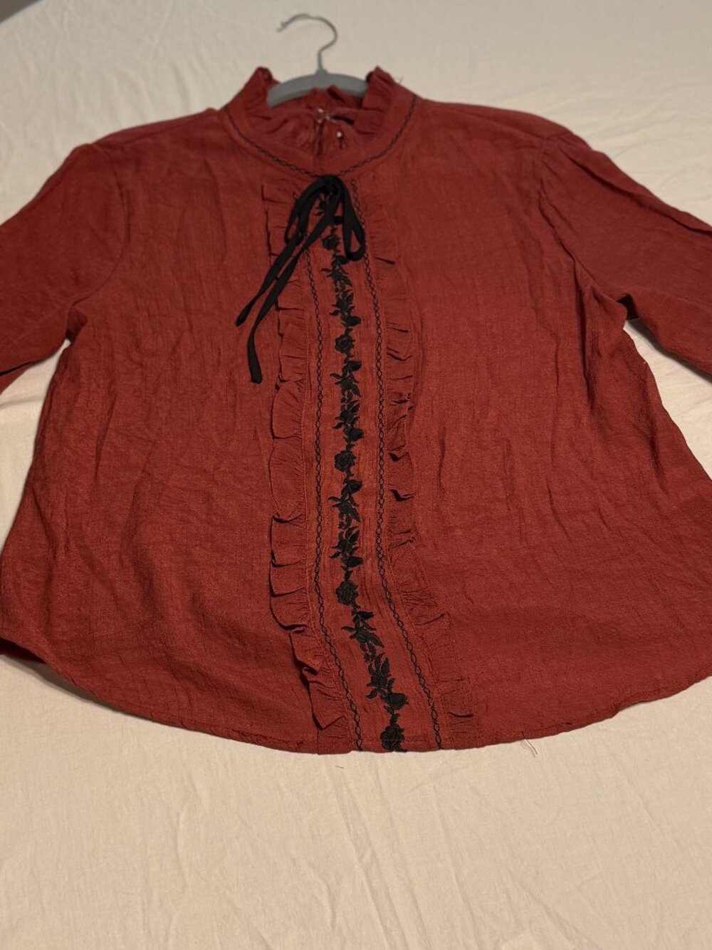 Rust Boho Ruffle Tie Neck Embroidered Blouse Medium